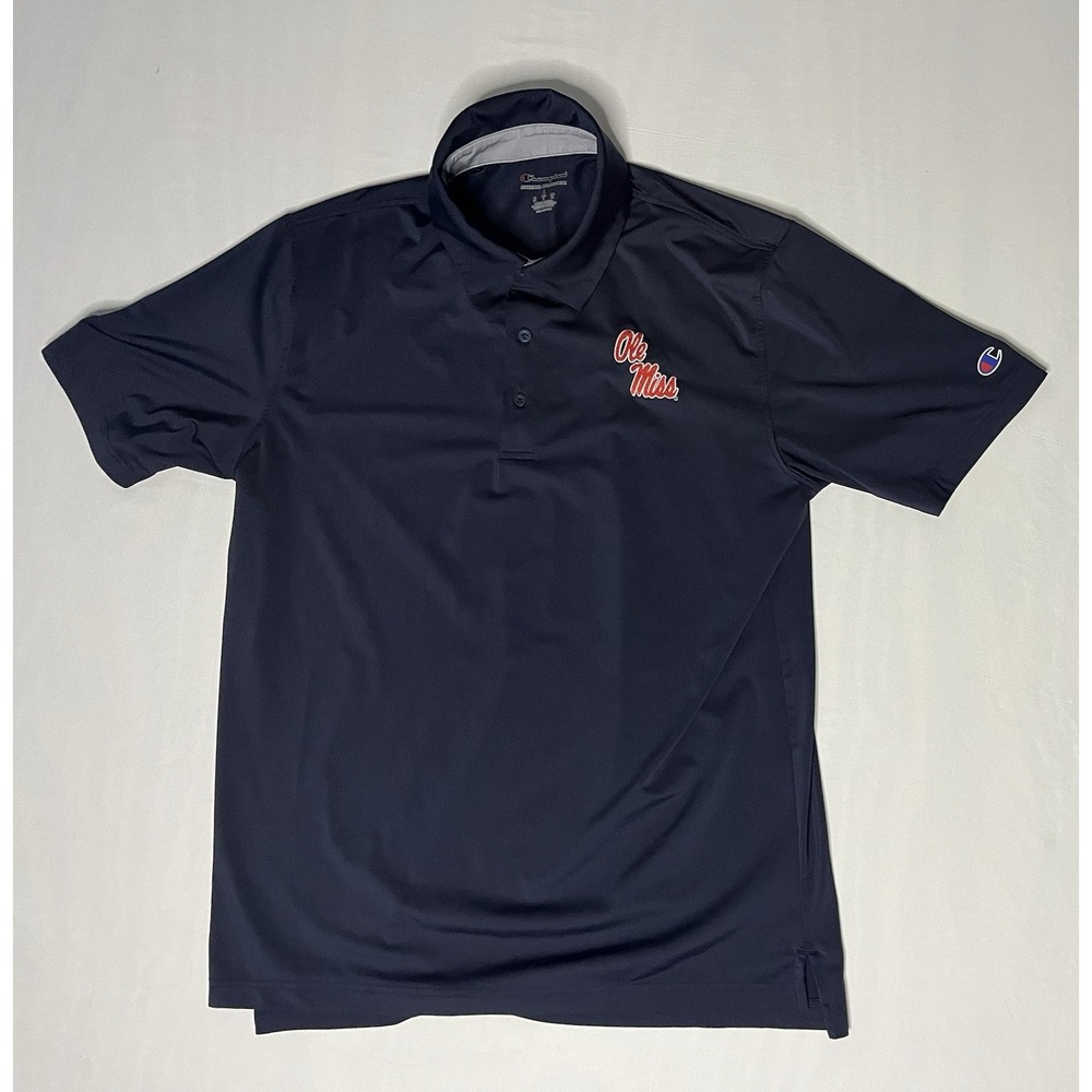 Champion Ole Miss Rebels Polo Shirt Men's SZ Large Blue Short Sleeve Embroidery